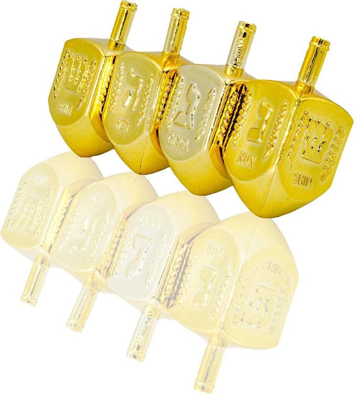 The Dreidel Company Hanukkah Plastic Gold Metallic Dreidels with Letters &  English Transliteration - 4-Pack Blister
