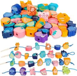 Antika - 50PCS Wooden Lacing Beads,Animals Fruits Threading Beads Set,Wooden Preschool Learning Lacing Toys,Vegetable Stringing Toy,Montessori Educational Threading Toy for Toddlers 3 4 5 6 Year Old Boys Girls - kitantik - kitaLog