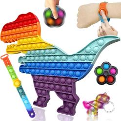 Antika - 4 Pack Big Size Pop Fidget Toy Set, Rainbow Large Dinosaur Pop Toy, Jumbo Pop Bubble Wristband Fidget Sensory Toy, Silicone Rainbow Stress Reliever Hand Finger Game Toy for Adults and Kids - kitantik - kitaLog