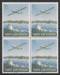 1950 2½ LİRA UÇAK KONULU TAM SERİ MNH DÖRTLÜ BLOK  PUL.