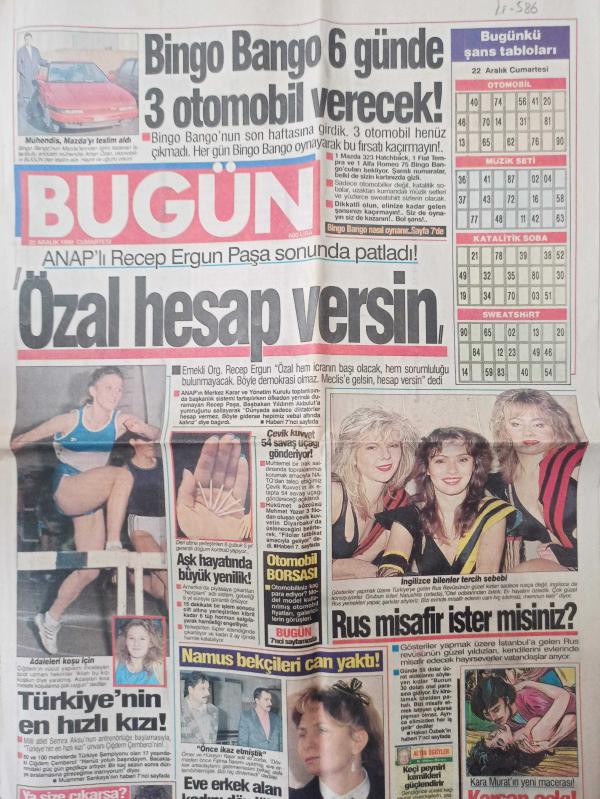 Bugün Gazetesi 22 Aralık 1990 Sibel Can Hülya Avşar Cüneyt  