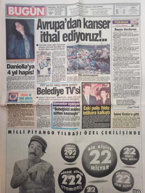 Bugün Gazetesi 22 Aralık 1990 Sibel Can Hülya Avşar Cüneyt  