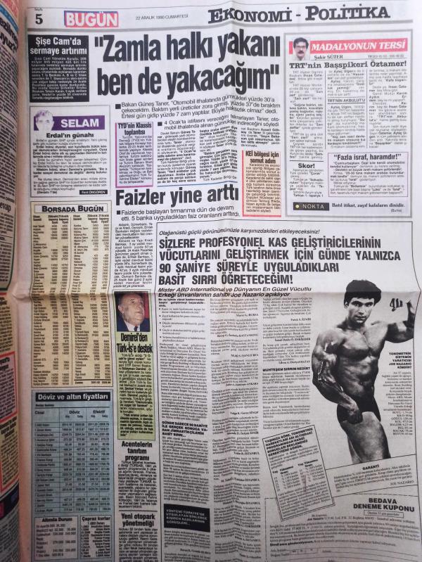 Bugün Gazetesi 22 Aralık 1990 Sibel Can Hülya Avşar Cüneyt  