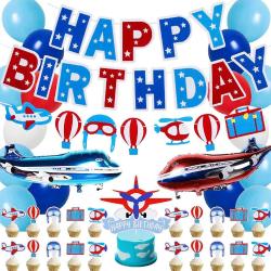 Antika - Airplane Birthday Party Decorations Supplies for Time Flies, Up up and Away, Aviator Travel - Pre-strung Aircraft Birthday Banner Garland, Sky Cloud Balloons, Airplane theme Cake and Cupcake Toppers - kitantik - kitaLog