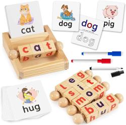 Antika - Montessori Toys for Toddlers 3 4 5 Years Old Wooden Reading Writing Blocks Flash Cards Rotating Matching Letters Toy Short Vowel Rods Spelling Games for Kids Alphabet Learning for Preschool Boys Girls - kitantik - kitaLog