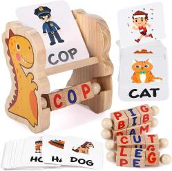 Antika - Atoylink Wooden Reading Blocks Spelling Games with Sight Word Flash Cards Turning Rotating Letters Dinosaur Toy Preschool Spinning Alphabet Matching Letter Montessori Learning Toys for Kids Boys Girls - kitantik - kitaLog