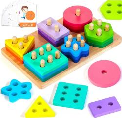 Antika - HELLOWOOD Montessori Wooden Sorting & Stacking Toys for 1 2 3 Years Old Toddlers, Shape Sorter Puzzles with 24-Piece Large Geometric Blocks & 12 Word Cards, Gift for 12+ Months Baby Boys Girls - kitantik - kitaLog
