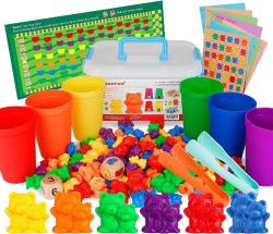 Antika - NEOROD Rainbow Counting Bears with Matching Sorting Cups, Number Color Recognition STEM Educational Toddler Preschool Math Manipulatives Toy Set of 90, 2 Tweezers, 2 Dices, 12 Cards, Container - kitantik - kitaLog