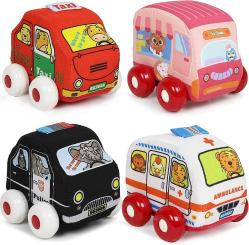 Antika - Click N' Play Plush Cars - Set of 4 Soft Cars - Durable Stuffed Ambulance, Taxi, Police Car, Ice Cream Truck Toys - Sensory Baby Car Toy Set - Sensory Push Cars for Toddlers, Kids - kitantik - kitaLog