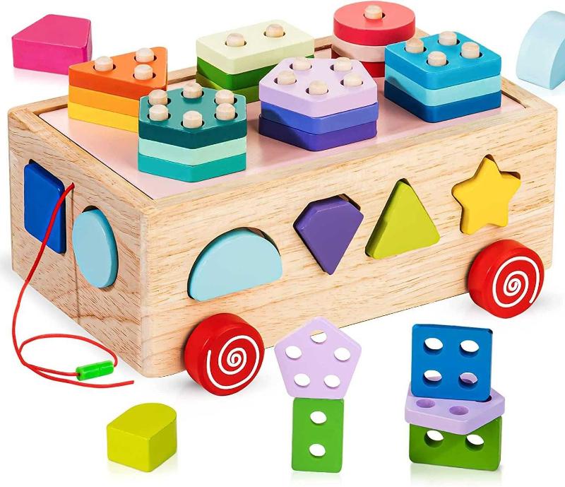 Bravmate Shape Sorter Learning Toys for Toddlers 18M+, Wooden Stacking  Blocks Montessori Toys for 2 3 Year Old Colorful Activity Cube Learning 
