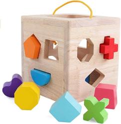 Antika - Wooden Shape Sorter Cube Toy with 12 Colorful Wood Geometric Shape Blocks and Carrying Strap Sorting Box Classic Developmental Learning Matching Gifts Classic Toys for Toddlers Baby Kids Age 3+ - kitantik - kitaLog