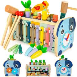 Antika - 7-in-1 Montessori Wooden Toys for Toddlers Age 1 2 3, Hammering Pounding Toy with Whack a Mole Game, Carrot Harvest, Xylophone, Number Maze, Clock, Gears, Woodpecker, Gift for 12+ Month Babies - kitantik - kitaLog