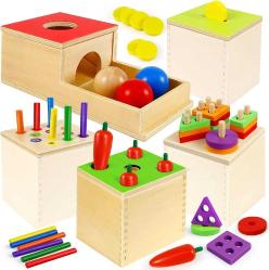 Antika - Montessori Toys for 1 2 Year Old, 5 in 1 Wooden Play Kit Includes Stacking Toys, Object Permanence Box, Coin Box, Carrot Harvest and Matchstick Color Drop Game, Fine Motor Skills Gifts for Babies - kitantik - kitaLog