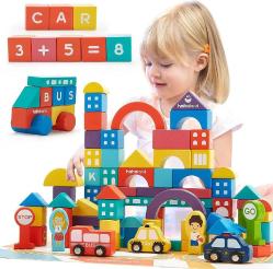 Antika - hahaland Wooden Blocks - Building Blocks Set with Number Alphabet Letter Car - City Construction Stacking Toddler Toys Montessori Toys for 3 Year Old Girls Boys Kids Building Toys for Ages 3-4-5-6 - kitantik - kitaLog
