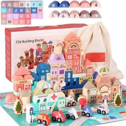 Antika - Umbresen 115 Pcs Wooden City Building Blocks Set, Colorful Stacking Preschool Educational Toys for Toddlers Boys Girls Gifts with 20 Pcs Floor Jigsaw Puzzle and Storage Bag (City Building Toy Set) - kitantik - kitaLog