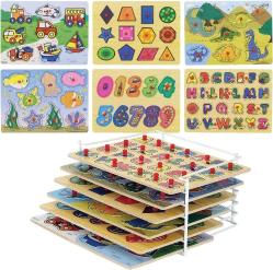 Antika - Etna Products Wooden Puzzles Set, Includes 6 Educational Puzzles and Wire Storage Rack - ABC, Numbers, Shapes, Vehicles and Animals - For Kids Age 3 Plus - kitantik - kitaLog