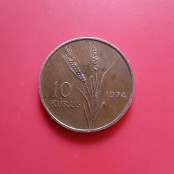T.C. Merkez Bankası Madeni 10 Kuruş (1974 Yılı Üretimi) / Bakır - Çinko