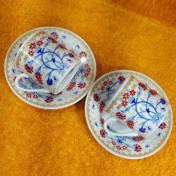 VINTAGE KARANFİL VE LALE KLASİK TÜRK DESENLİ BİR ÇİFT PORSELEN KAHVE FİNCANI