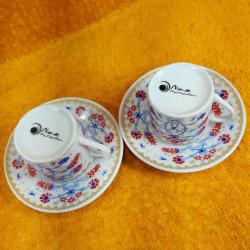 VINTAGE KARANFİL VE LALE KLASİK TÜRK DESENLİ BİR ÇİFT PORSELEN KAHVE FİNCANI