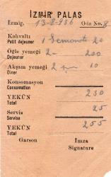 LOT.11 » OTEL İZMİR PALAS  FATURA 1936,13 AĞUSTOS