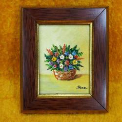 VINTAGE KÜÇÜK EBAT İMZALI ÇERÇEVELİ VAZODA KIR ÇİÇEKLERİ YAĞLIBOYA RESİM