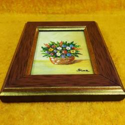 VINTAGE KÜÇÜK EBAT İMZALI ÇERÇEVELİ VAZODA KIR ÇİÇEKLERİ YAĞLIBOYA RESİM