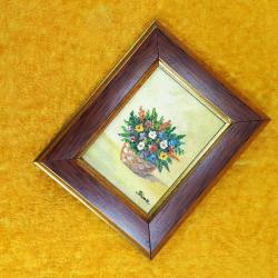 VINTAGE KÜÇÜK EBAT İMZALI ÇERÇEVELİ VAZODA KIR ÇİÇEKLERİ YAĞLIBOYA RESİM