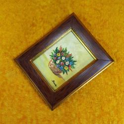 VINTAGE KÜÇÜK EBAT İMZALI ÇERÇEVELİ VAZODA KIR ÇİÇEKLERİ YAĞLIBOYA RESİM