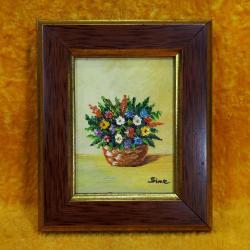 VINTAGE KÜÇÜK EBAT İMZALI ÇERÇEVELİ VAZODA KIR ÇİÇEKLERİ YAĞLIBOYA RESİM