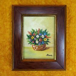 VINTAGE KÜÇÜK EBAT İMZALI ÇERÇEVELİ VAZODA KIR ÇİÇEKLERİ YAĞLIBOYA RESİM
