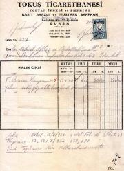 BURSA  FATURA .1955 ....TOKUŞ TİCARET.  RAŞİT ARAZLI. MUSTAFA SARPKAN .. MEHMET OFLAZ... ABDULLAH ÇINAR .. İSTANBUL