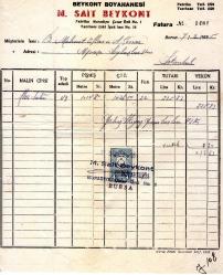 BURSA FATURA BEYKONT BOYAHANESİ M.SAİT BEYKONT 1955    ....MEHMET OFLAZ... ABDULLAH ÇINAR