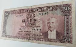 5.EMİSYON 3.TERTİP 50 TÜRK LİRASI (TL) SERİ P10 074763 SERİ NUMARALI KAĞIT PARA (GÜL KURUSU) NATÜREL ÇOK TEMİZ KATALOK;1000 DOLAR EN NADİRİ