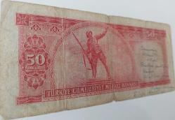 5.EMİSYON 3.TERTİP 50 TÜRK LİRASI (TL) SERİ P10 074763 SERİ NUMARALI KAĞIT PARA (GÜL KURUSU) NATÜREL ÇOK TEMİZ KATALOK;1000 DOLAR EN NADİRİ
