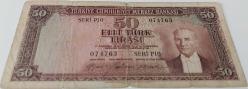 5.EMİSYON 3.TERTİP 50 TÜRK LİRASI (TL) SERİ P10 074763 SERİ NUMARALI KAĞIT PARA (GÜL KURUSU) NATÜREL ÇOK TEMİZ KATALOK;1000 DOLAR EN NADİRİ