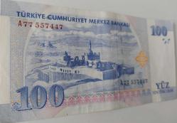 8.EMİSYON 1.TERTİP 100 YENİ TÜRK LİRASI A77557447 SERİ NUMARALI KAĞIT PARA GÜZEL NUMARA ÇİLALTI