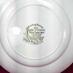 VINTAGE ROYAL TUDOR WARE STAFFORDSHIRE ENGLAND COACHING TAVERNS 1828 HAND ENGRAVED YEŞİL RENKLİ SERAMİK TABAK