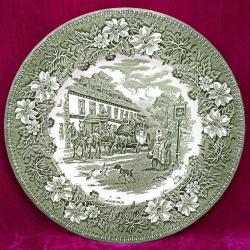 VINTAGE ROYAL TUDOR WARE STAFFORDSHIRE ENGLAND COACHING TAVERNS 1828 HAND ENGRAVED YEŞİL RENKLİ SERAMİK TABAK