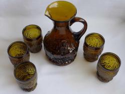 Antika Cam Sürahi ve Bardak Takımı - Antika Amber Renkli Cam Sürahi Seti