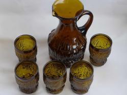 Antika Cam Sürahi ve Bardak Takımı - Antika Amber Renkli Cam Sürahi Seti