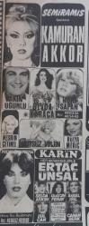 Gazino Reklamları Gazetesi 5 Aralık 1980 Kamuran Akkor ,Müzeyyen Senar,Kibariye,Huri Sapan,Huysuz Virjin,Karin,Ertan Ünsal ,Esin Gülsuyu,İsmail Kılıç,Feridun Karakaya,Erhan Tunay,Ümit Şener,Tülay Karaca,ilham Gencer,Sevda Karaca,Işıl Can,Hüreyre,Ayfer Feray,Egemen Bostancı,Çöpçatanlık fendi Berjant,Orhan Balmumcu,Tülay Özer,Işıl can