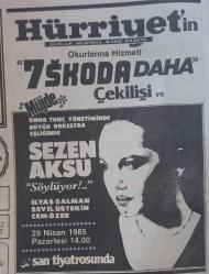 Gazino Reklamları Gazetesi 27 Nisa 1985 Sezen Aksu ,İlyas Salnan,Sevil Üstesinden,Cem Özer,Ali Poyrazoğku Tiyatrosu,Fikret Hakan Tiyatrosu ,Zerrin Özer,