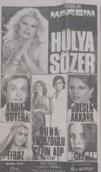 Gazino Reklamları Gazetesi 4 Eylül 1982 Caddebistan Maksim Yenikapı Gar Muazxez Abacı ,Hülya Sözer,Ahmet Özhan,Selahattin Aliay,Prenses Banu,Gülistan Okan,Akın Uğurlu,Nurhan Damcıoğku,Güzide Karaca,Zafer Doğulu Anadolu Turnesi,Cengiz Özer,Sevilay Seven,Hakkı Çağdaş,Deniz Erkanat,İsmail Kılıç,Nazan Berk,Nur Azak,Kenan Temiz,Levent Kırca,Vahdet Vural,Efruz,Kadir Soyer,Ahu Tuğba,Çetin Alp,Gülşen Akkaya,Safiye Ünal,Faruk Tınaz,Mualla Akın,Ajda Pekkan, Zeki Alasya,Metin Akpınar