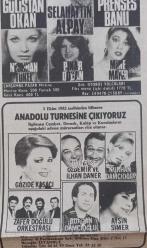 Gazino Reklamları Gazetesi 4 Eylül 1982 Caddebistan Maksim Yenikapı Gar Muazxez Abacı ,Hülya Sözer,Ahmet Özhan,Selahattin Aliay,Prenses Banu,Gülistan Okan,Akın Uğurlu,Nurhan Damcıoğku,Güzide Karaca,Zafer Doğulu Anadolu Turnesi,Cengiz Özer,Sevilay Seven,Hakkı Çağdaş,Deniz Erkanat,İsmail Kılıç,Nazan Berk,Nur Azak,Kenan Temiz,Levent Kırca,Vahdet Vural,Efruz,Kadir Soyer,Ahu Tuğba,Çetin Alp,Gülşen Akkaya,Safiye Ünal,Faruk Tınaz,Mualla Akın,Ajda Pekkan, Zeki Alasya,Metin Akpınar