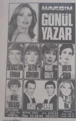Gazino Reklamları Gazetesi  10 Temmuz 1981 Gönül Yazar,Sevim Tuna,Nigar Uluerer,Gönül Tansel,Sezer Güvenirsin,Hülya Süer,Selçuk Ural,Akın Uğurlu,Şehriban Gül,Alev Akın,Ayhan,Ferahnaz,Ümmete,Suna Yıldızoglu,Huysuz Vijın,Uğur Böcekleri,Mine Koldan,Mediha Şen Sancakoğlu,Toto Karaca,Çetin Alp,Saadet Gürses,Neşe Alkan,Hayko,Cengiz Türksoy,Canan Eren,Sulhi Tüfekçi,Mehtap Deniz,Salim Ağırbaş