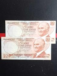 Efemera - 2 Adet Sıralı Takipli 7. Emisyon 20 Türk Lirası Eski Koleksiyon Kağıt Para. T.C Banknotlar. Cumhuriyet Dönemi. - kitantik - kitaLog