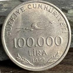 Efemera - Türkiye 1999 yılı 100.000 Lira (Türkiye'nin 75.Yılı) Yerli Madeni Para - kitantik - kitaLog
