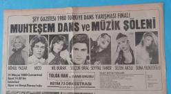 Gazino Reklamları Gazetesi 1980 Gönül Yazar,Neco,Nil Burak,Selçuk Ural,Seyyar Taner,Sezen Aksu,Suna Yıldızoğlu,Tolga Han Dans Grubu,Yunus Bülbül,Şey Gazetesi 1980 Türkiye Dans Yarışması Finali ,Derimod sonbaharı getirdi
