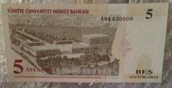 5 BEŞ YENİ TÜRK LİRASI  YTL A84 630000 KAĞIT PARA ÇİL
