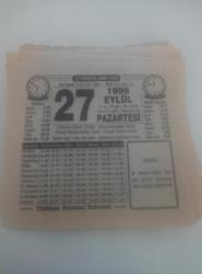 Efemera - TÜRKİYE GAZETESİ TAKVİMİ: 27 Eylül 1999 Pazartesi TAKVİM YAPRAĞI - kitantik - kitaLog